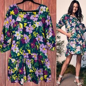Happy X Nature Floral Mini Dress 3/4 Sleeve Pockets Size Medium M Tiered